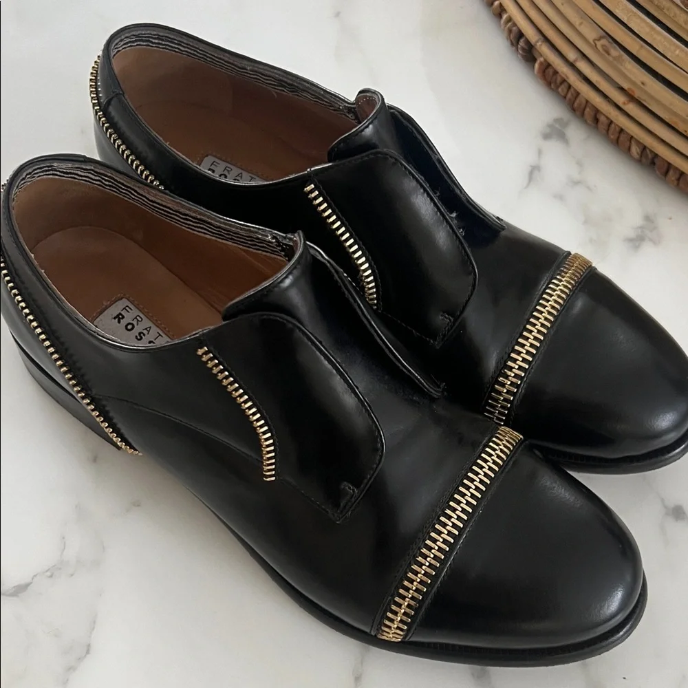 Fratelli Rossetti Black Leather Oxfords with Gold Zipper 35 EU